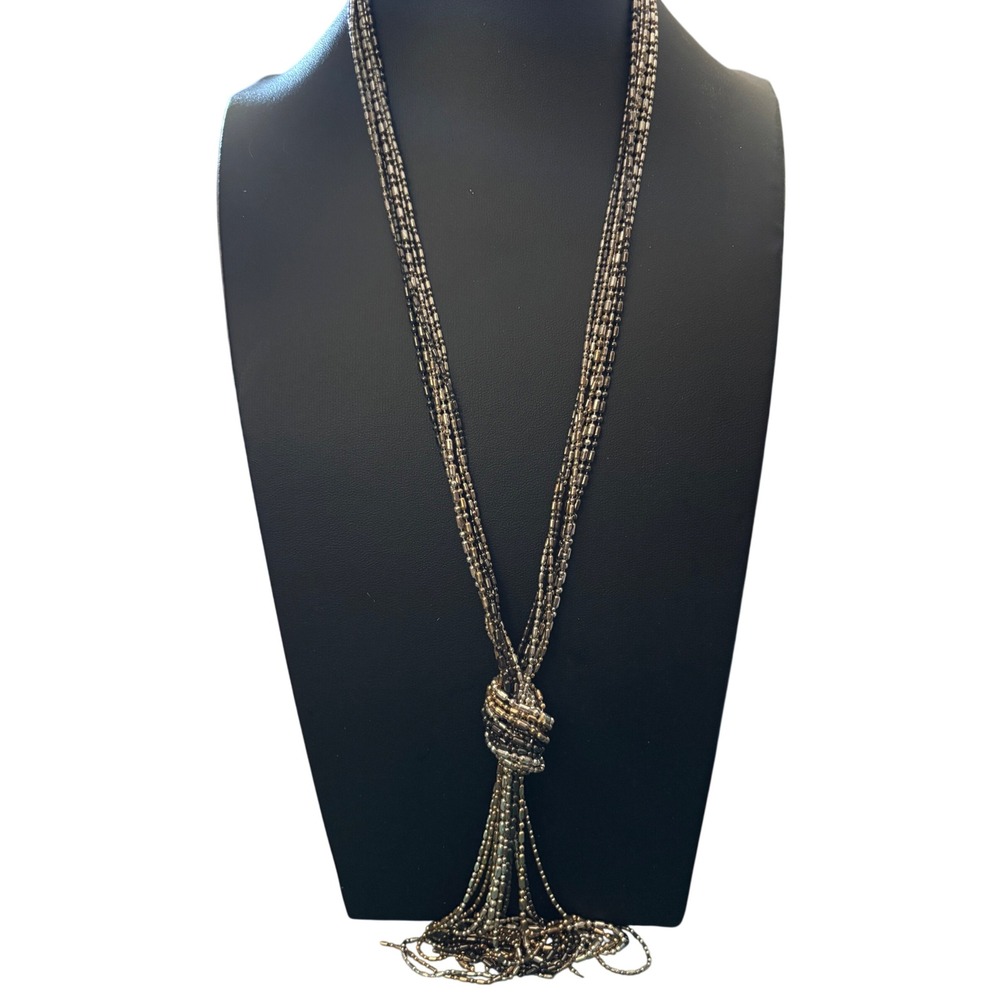 Tassel Necklace Tri-Tone Silver Gold Gunmetal Multi-Strand Ball Chain Knotted
